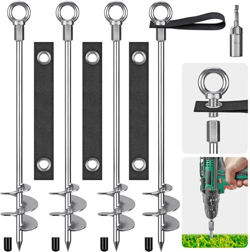 Insaga Tent Peg, Heavy Duty Ground Stake Metal Earth Anchor, 76cm Spiral Blade Screw in Trampolines Kit for Swing Kit/Camping/Shed/Dog/Carport with Fixed Loop Strap, 4 Pack