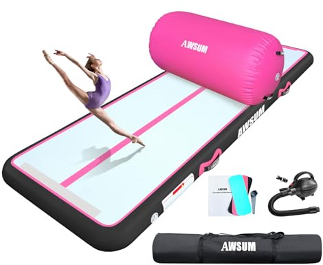 AWSUM 13ft Gymnastics Mat with Air Roller Tumbling Barrel Back Somersault Backbend Trainer for Inflatable Gymnastics Springboard Back Handspring Equipment, with Electric Pump