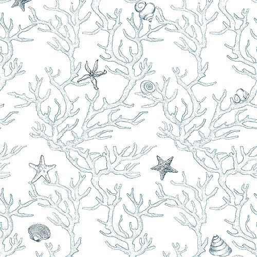 JOLIHOME Blue and White Self Adhesive Wallpaper Marine Life Effect Peel and Stick Contact Paper Coral Starfish Shells Pattern Wall Sticker Roll for Bathroom Worktop Waterproof 44.5x1000cm