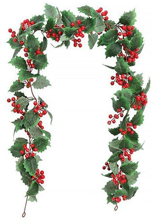 Künstliche Weihnachtsrebe, Simulation Grüner Blätter, Rote Früchte, Rattan-Girlande, Stechpalmen- und Rote Beeren-Rattan, Künstliche Grüne Blätter, Ranken für Zuhause, Zimmer,