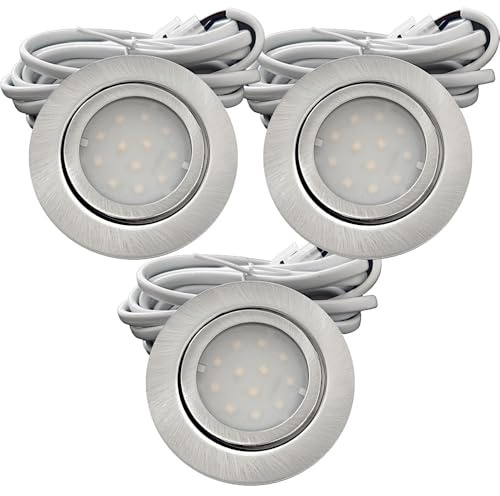 3er Set IP44 LED Möbeleinbauleuchten 12V extra flach 2,4W Einbaustrahler New Lina 200lm Edelstahl geb. 3000K Warmweiß Bohrloch: 54 bis 60mm, 2m Kabel mit AMP Stecker. Möbel, Küche, Bad, Decken usw. ✅