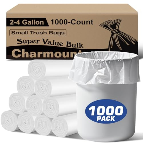 Charmount Lot de 1 000 petits sacs poubelle en plastique blanc non parfumé pour salle de bain, mini poubelle ou poubelle de 7 à 12 litres