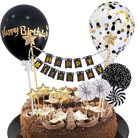 SSKHE Black Birthday Cake Decoration, 12 PCS Happy Birthday Cake Decoration, Glitter Happy Birthday Cake Topper Decoration Set, Paper Fans Stars Cupcake Cake Topper for Birthday Decoration Boys Girls