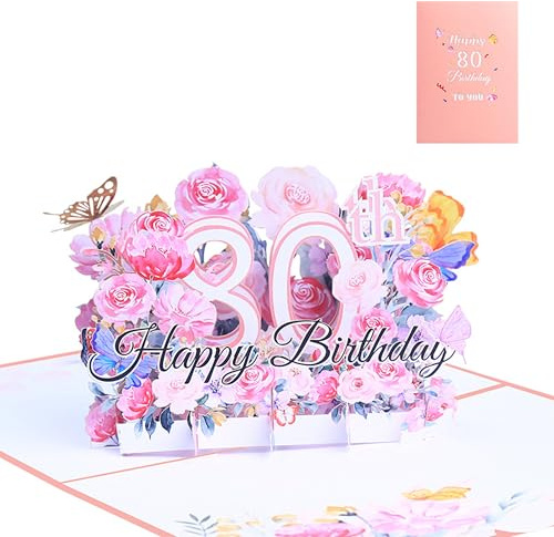 FloraVigo Födelsedagskort, popup-kort årsdag, blomma pop up gratulationskort, 3D popup-kort födelsedag (födelsedagskort för 80-årsdag)