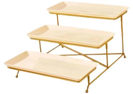 Folpus Support de Plateau de Service à 3 Niveaux, Support à Cupcakes, Plats de Service, Plateaux de dîner, Plateaux de Service en Porcelaine pour apéritif, Support Doré