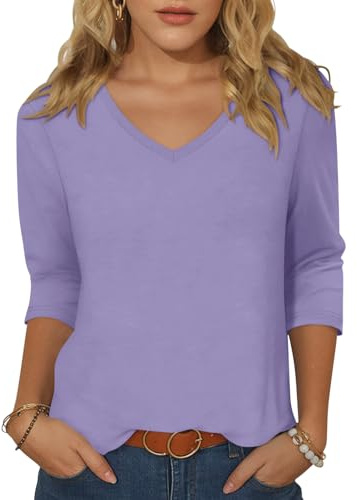 Onsoyours Shirt 3/4 Arm Damen Tshirt V-Ausschnitt Pullover Sommer Herbst Oberteile Casual Longshirt Basic Shirt
