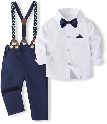 Volunboy Elegant barnset, pojkskjorta rosett och hängslen byxor 4 delar bröllopsceremoni kläder, Marinvit, 3-4 anni