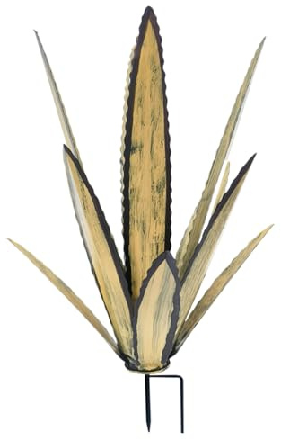 Plantes d'agave en métal décor extérieur avec pieu, art de jardin cactus en métal rustique, sculpture de cour imperméable extérieur pour jardin yard pelouse décoration intérieure, abricot, petites, p