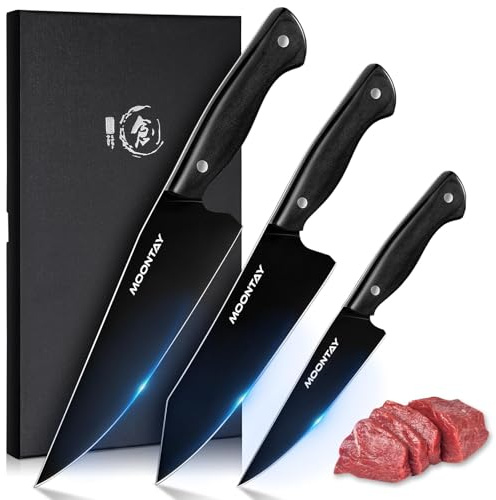 Moontay 3-teiliges Küchenmesser-Set mit Geschenkbox - Kochmesser, Santoku & Universalmesser - Aus rostfreiem Edelstahl mit rutschfestem Griff - Rasiermesserscharfe Messer zum Kochen - Geschenkidee