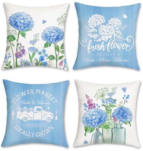 Bonhause Spring Floral Hydrangea Throw Pillow Covers 18x18 Inch Set of 4 Farmhouse Truck Green Leaves Blue Flowers Decorative Pillows Soft Velvet Cushion Cases for Couch Sofa Home Décor