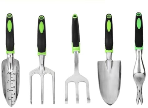Gartenwerkzeug-Set, 5-TLG. Gartenwerkzeuge, Gartenset aus Aluminiumguss mit Gabel, Unkrautstecher, Klaue, Kelle, Erdschaufel for Gärtner(Green)