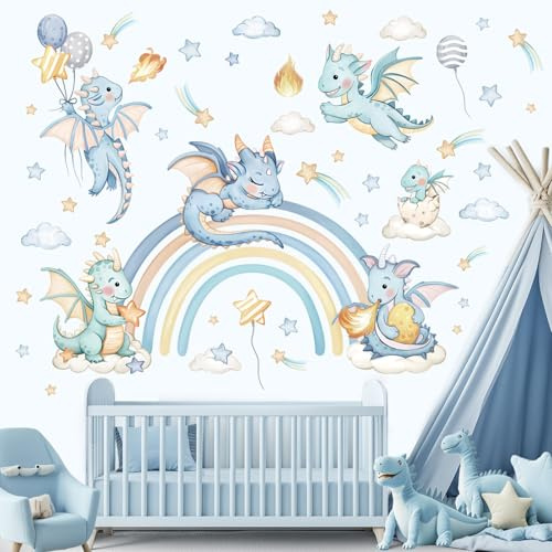 decalmile Wandsticker Drache Regenbogen Wandtattoo Dino Wolke Stern