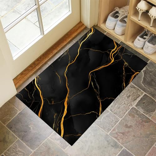 Paillasson lavable 80 x 120 cm – Marbre abstrait noir et doré antidérapant pour entrée, porte d'entrée, couloir, cuisine, chambre à coucher – Tapis anti-saleté
