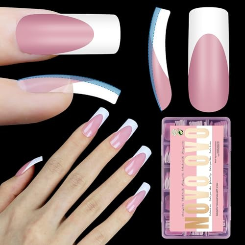 NOVO OVO Lot de 15 faux ongles blancs légèrement incurvés à pointe française - Rose baie - Couverture complète pour presser l'acrylique - Faux ongles en gel souple extra épais - Couche de finition en