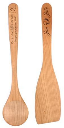 Dekolando Personalisiertes Kochlöffel-Set zur Hochzeit – Graviertes Kirschholz – Braut & Bräutigam Namen auf Pfannenwender – Spruch auf Löffel – Geschenk zur Hochzeit, Verlobung