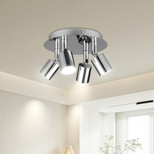 URAQT GU10 Spotlight Ceiling Lamp, 4 Silver Kitchen Spot Lights for Ceiling, LED Rotatable GU10 Industrial Corridor Ceiling Light Accessories, Spotlight Bar Indoor Dimmable (Bulb Not Included)
