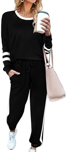 Desol Joggingdräkt för kvinnor, tvådelad – rund hals, långärmad topp + byxor, träning och loungeset för sport, hem och fritid, svart, XL