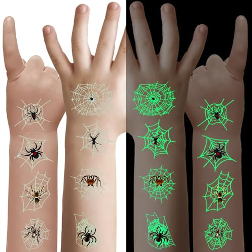 Halloween Tattoos,10/20 Blätter Leucht tattoo Kinder Gruselig,Spinnennetz temporäre Tattoo Aufkleber,Kürbis Hexe Fledermaus,Feiertage Cosplay Gesicht Make-up Zubehör Halloween Party Geschenke