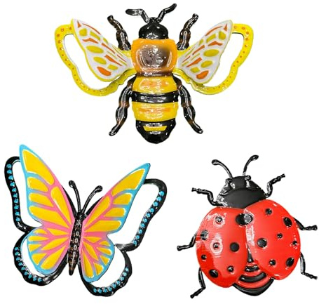 Zyomiol 3 Pcs Garden Wall Art Decor Outdoor, 3D Rustproof Wrought Iron Colourful Wall Sculptures, Hanging Metal Butterfly Bee Ladybird Insect Decorations for Backyard Balcony Indoor Living Room