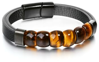 PiercingJak Herren Armband Tigerauge Echter Stein Lederarmband 10mm Breit Schwarz Leder mit Heilsteine Kraft Mut Steine Armreif Mode Charm Schmuck Spirituelle Geschenke für Männer Junge