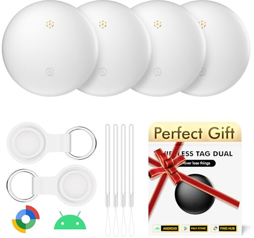 Air Tracker Tags-4 Pack for Android with Case- Bluetooth Tracker Item Finder for Key, Wallet, Pet, Luggage - Works with Google Find Hub, IP66 Waterproof, Smart Tag for Android & Samsung Phones(White)