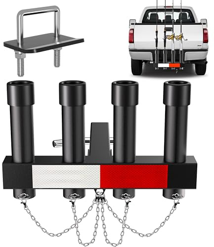 Rumoid Hitch Fishing Rod Holder, Adjustable Angle Hitch Rod Holder, 4 Link Tubes for 2 Hitch Receivers with Quick Release Pin, Hitch Tightener, and Reflective Strips, Fishing Pole Holder for Truck