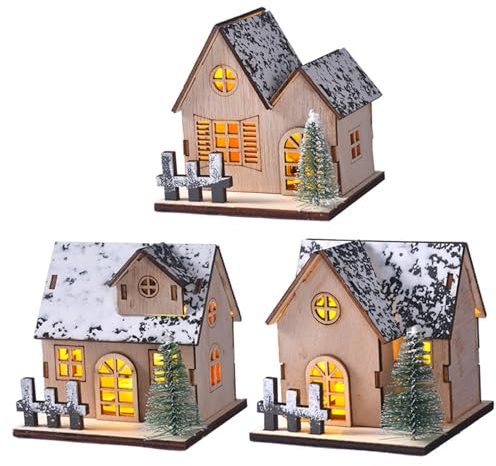 Christmas Village Houses 3PCS/Set Light Up Wooden Snow Roof Village with Trees Table Centerpiece Ornaments for Holiday Xmas Home Decoration
