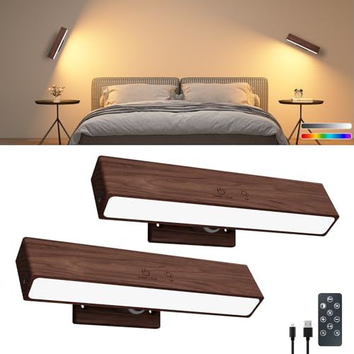 Lámpara Pared de Madera sin Cable con Control Remoto/Táctil, USB Recargable, 3 Modos+RGB y Brillo Ajustable. Magnética y Adhesiva 360° Giratoria Aplique para Mesita de Noche, Dormitorio, Lectura