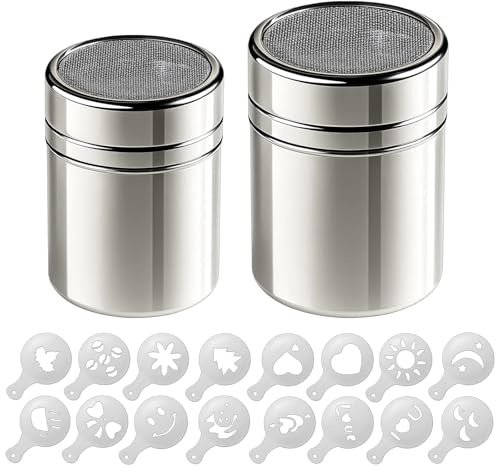 DqiUnaX Puderzuckerstreuer, Mehlsieb Edelstahl und Mehlstreuer, 18-teiliges Set Mit 16 Schablonen für Kaffee- und Kakaodekoration, Ideal für Puderzucker und Kakao
