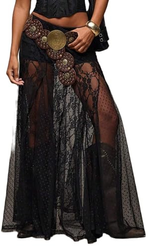 Lshyuehao Women Tiered Sheer Lace Maxi Skirt High Waist See Through Floral Mesh Long Skirt Clubwear Party Flowy A-Line Skirts