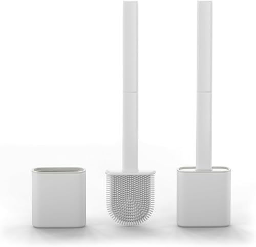 Silicone Scopini per WC con Supporto – Confezione da 2, Manico Lungo Antiscivolo, Setole Flessibili per una Pulizia Facile – Base Moderna Antigoccia, Set Scopino per Bagno Bianco