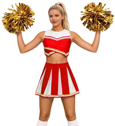 Mädchen Cheerleading Kostüm Cheer Leader Outfit Ärmellos Top und Rock mit Pompons Karneval Fasching Party Kostüm Cheer Uniform Outfits Tanzkleid Fasching Karneval Verkleidung
