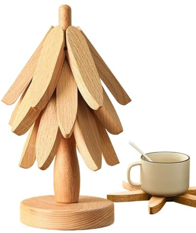 Yongmcxhhj Ensemble De Dessous De Plat Pliable en Forme d'arbre, 22x10cm 4 Dessouses De Plats en Bois + 1 Support, Dessous De Plat Bois Forme Sapin, Protège-Table Décoratif pour Plats Chauds