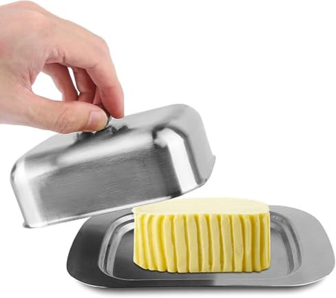 WIIYENA Mantequera de acero inoxidable con plástico transparente y tapas de acero inoxidable para almacenamiento y servicio de cocina, 18,6 x 16 x 6,5 cm