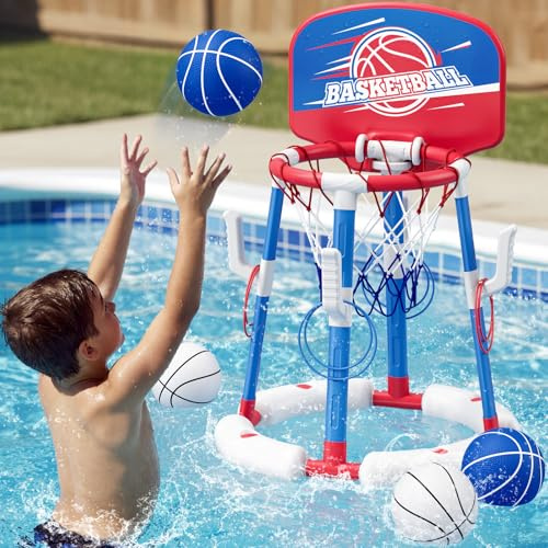 2-i-1 basketboll ring för pool med bakbräda och ring kastspel, flytande poolleksak – anti-spets stabil bas – med 4 bollar/8 ringar/pump – sommarvatten inomhus utomhus lekgåvor för barn 4–8 och vuxna