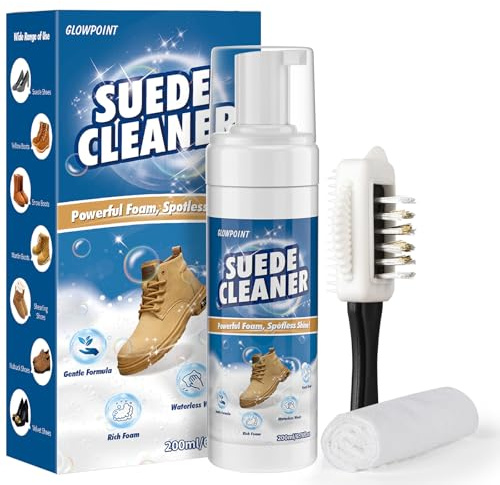 GLOWPOINT Suede Shoes Cleaner, Suede and Nubuck Cleaner with Brush & Towel, Foam Shoe Cleaner Removes Dirt & Stain for Knit, Boots, Trainer, Sneaker, Leather 200ml