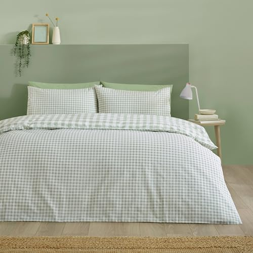 Catherine Lansfield Bamford Gingham Check Reversible Double Duvet Cover Set with Pillowcases Green