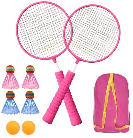 Kids Badminton Set, 1 Pair Kids Badminton Racket, Includes 2 Pink Rackets, 4 Shuttlecocks, 2 Ping Pong Balls and 1 Storage Bag, Kid and Teenager Friendly, Great for Indoor & Outdoor