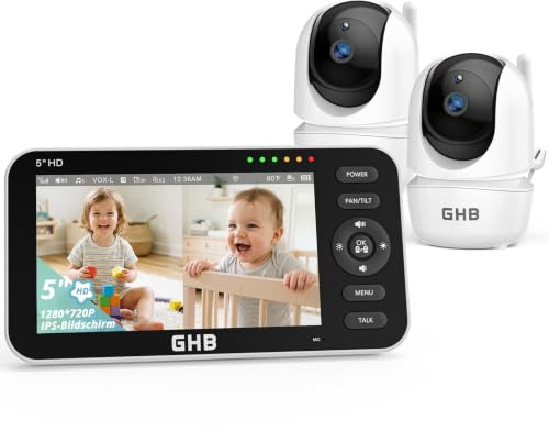GHB Camara Vigilancia Bebe con 5 HD Vigilabebes con 2 Camaras Duración de Batería 168 Horas de 4000mAh Soporta 4 Cámaras, Pantalla Dividida, 4×Zoom, Comunicación Bidirecciona Escucha Bebe