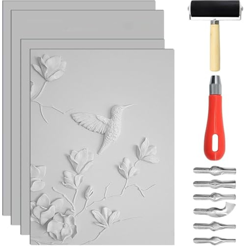 Akfldms 4 Piezas de Bloques de Linóleo para Impresión 8X10 y 9 X 12 Pulgadas, Bloque de Goma Blanda para Tallado con Herramientas de Corte para Tallar.