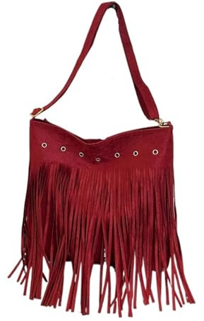 SDIUAKBV Tofs väska kvinnor tofs axelväska justerbar rem läder retro crossbody vintage messenger shopping för resor, Röd, En storlek