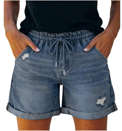 NUSGEAR 2026 Shorts Mujer con Cordón Elásticos Vaqueros Pantalones Cortos Mujer Jeans de Color Liso Shorts Holgados Deportivos Pantalones Cortos Casual