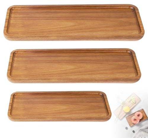 3pcs Wooden Serving Tray, 36/28/20cm Rectangle Acacia Wood Trays Vintage Boards Dessert Platter for Snack Appetizer Sushi Breakfast Coffee Tea Wine