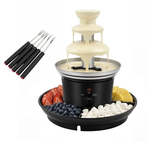 Mqwdxzfes Fontana elettrica per cioccolato in acciaio inox, 25 W, 3 livelli, con 5 forchette, fontana di cioccolato per feste, fonduta, fonduta, fontana per dessert, 0,5 kg, per matrimonio e