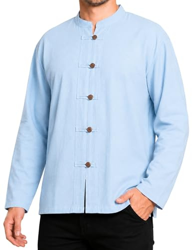 PANASIAM Chemise Pêcheur Homme - Chemise Été Manches Longues 100% Coton | Boutons en bois, sans col, chemise médiévale, douce & confortable, sans poches, résistante aux couleurs, tailles M-XXL