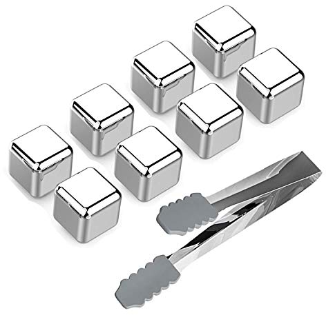 HANWELL Reusable Metal Ice Cubes, 8 Pcs Stainless Steel Whiskey Stones Set with Ice Tongs & Tray, Chilling Rocks Cooling for Scotch Whisky, Wine, Gin, Tonic Drinks