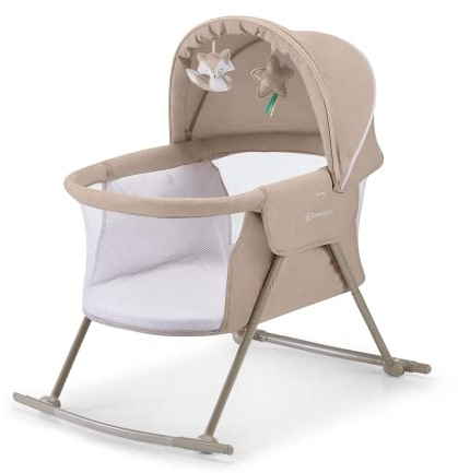 kk Kinderkraft Kinderkraft Kinderbett 3 in 1 lOVI, Kinderreisebett, Stubenwagen, Babywiege, Baby Wippe, Zusammenklappbar, Einfach Transport, mit Zubehör, Tasche, Moskitonetz,von Geburt bis 9 kg, Beige