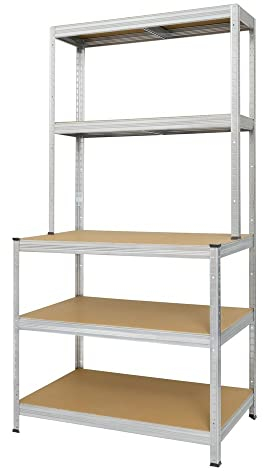Steinbock Werkbankregal - HxBxT 195 x 100 x 60 cm - verzinkt - 1.200 kg Tragkraft - Steckregal mit 5 Böden - 300 kg Fachlast unten - 150 kg Fachlast Oben - Schwerlastregal mit Werkbank