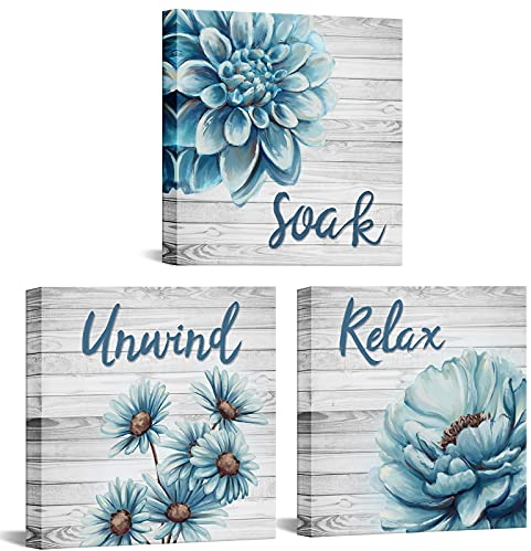 iHAPPYWALL 3-teiliges blaues Badezimmerbild, Wanddekoration, Badeblume, Gänseblümchen, Dahlien, Blumen, Entspannung, Badezimmer, Schild, Bild, Poster, Druck für Waschraum, 30.5 x 30.5 cm, 3 Stück