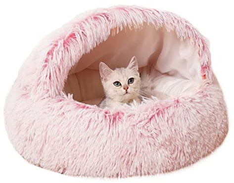 qing yun Katzenhöhlenbett, flauschiges Katzen-Versteck, gemütliches Plüsch, warmes Haustier, Hundehöhle, Angstlinderung, Katzen, Iglu-Bett für drinnen und draußen (40 cm, Rosa)